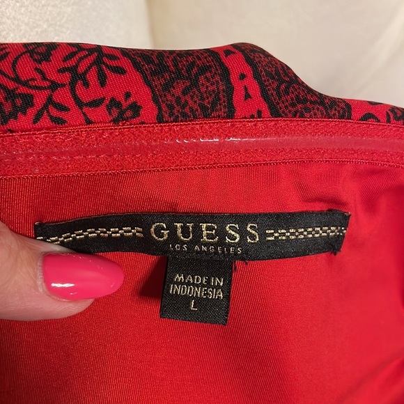 GUESS Red Elysian Floral Shaye OFF THE SHOULDER ruffle fitted SCUBA mini dress L - Picture 8 of 16